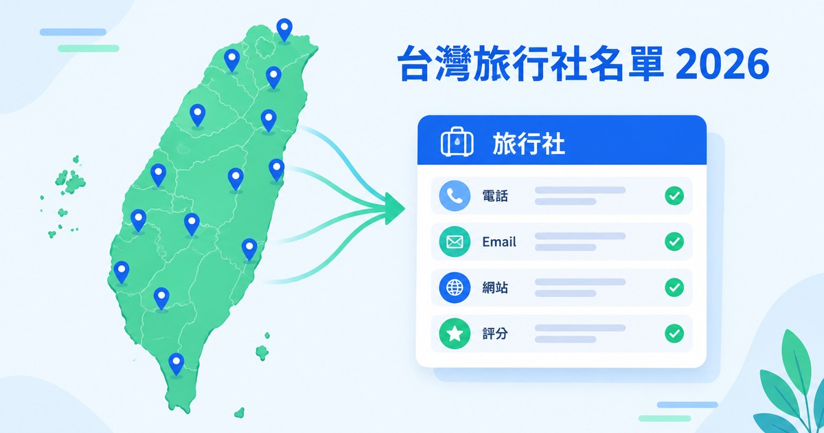 台灣旅行社名單2026：全台 2,146 家旅行社，電話與 Email 一鍵匯出