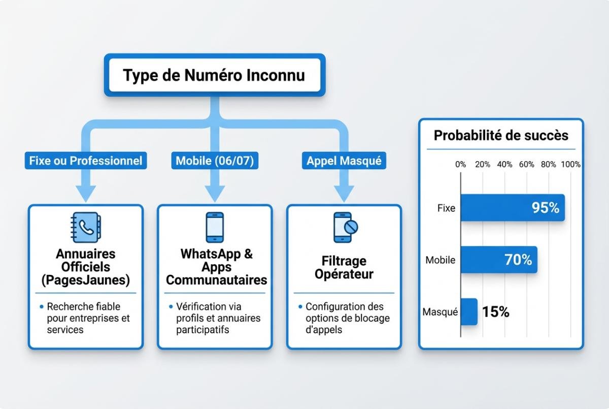 Infographie décisionnelle montrant comment choisir la meilleure méthode de recherche inversée selon que le numéro soit un fixe, un mobile ou masqué.