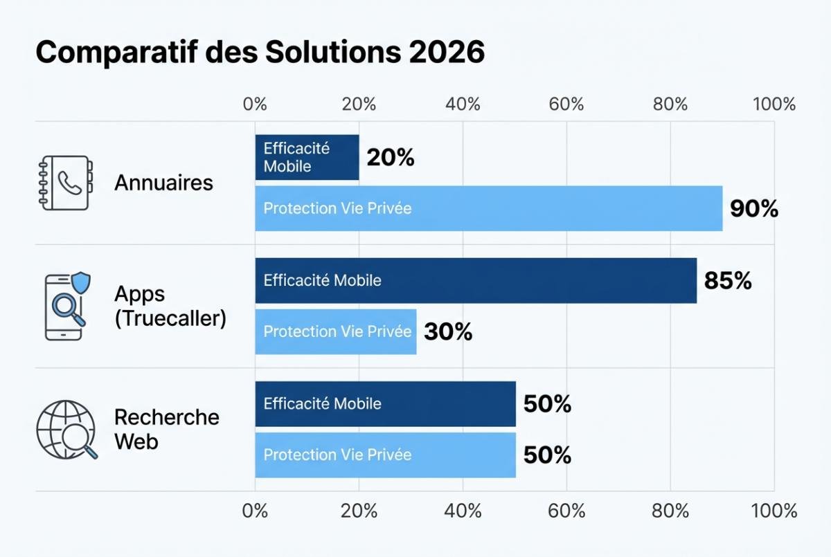 Graphique comparatif montrant le taux d'efficacité des annuaires, applications et moteurs de recherche pour l'identification de numéros mobiles.