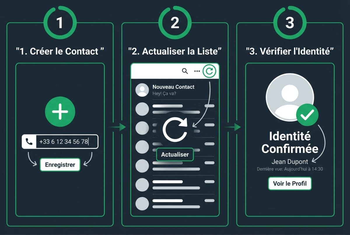 Tutoriel visuel en trois étapes pour identifier un numéro de mobile inconnu en utilisant la synchronisation des contacts et le profil WhatsApp.