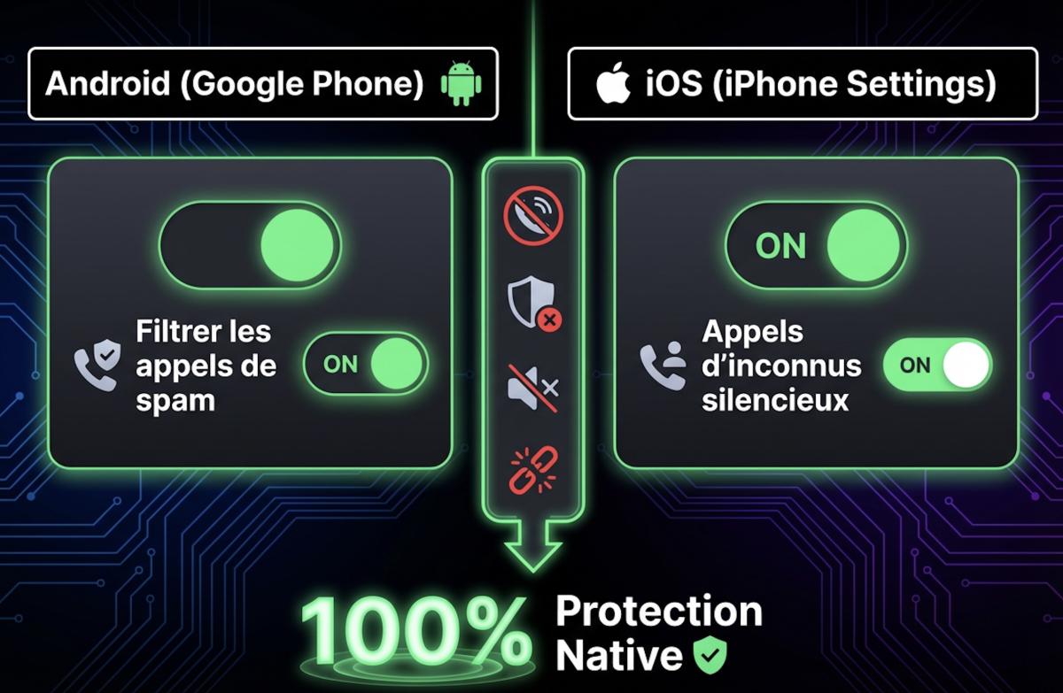 Comparaison visuelle des réglages de sécurité pour Android et iOS permettant de bloquer automatiquement les appels de spam et les numéros inconnus.