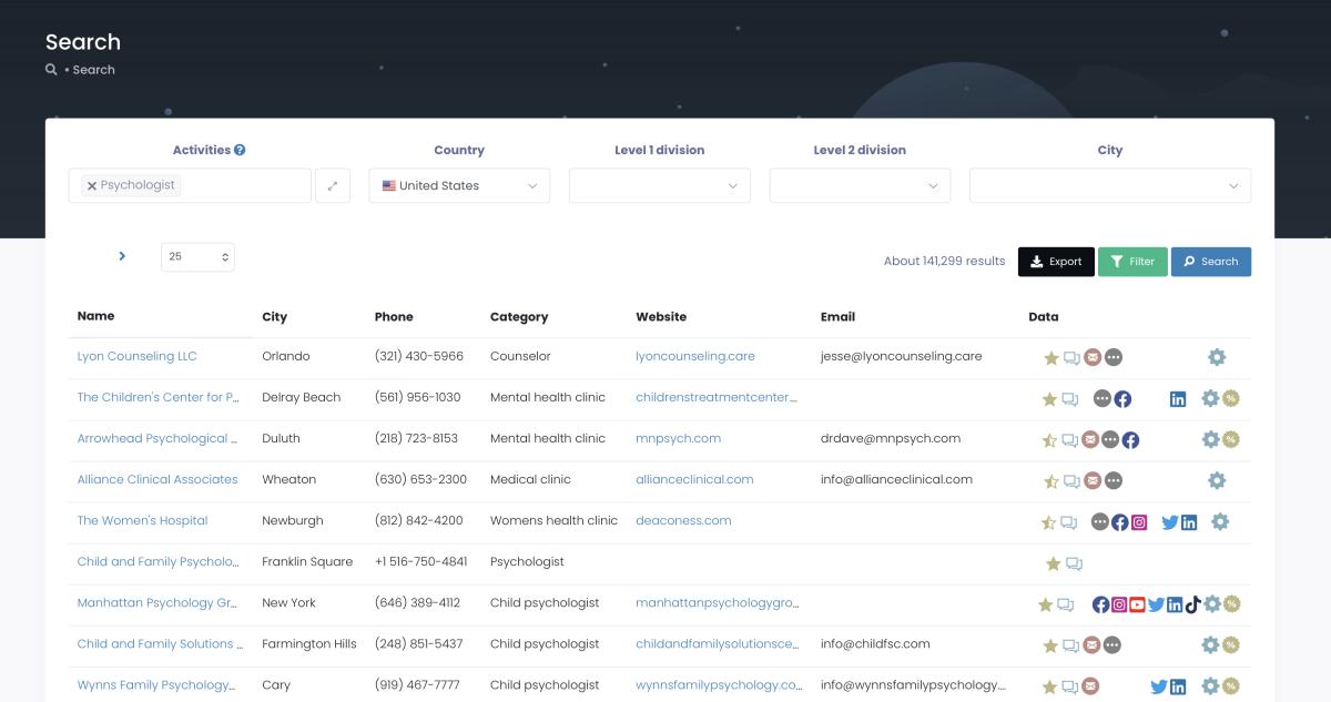 Scrap.io interface showing search filters for Psychologist category in the United States — select specialty, location, and advanced filters in two clicks