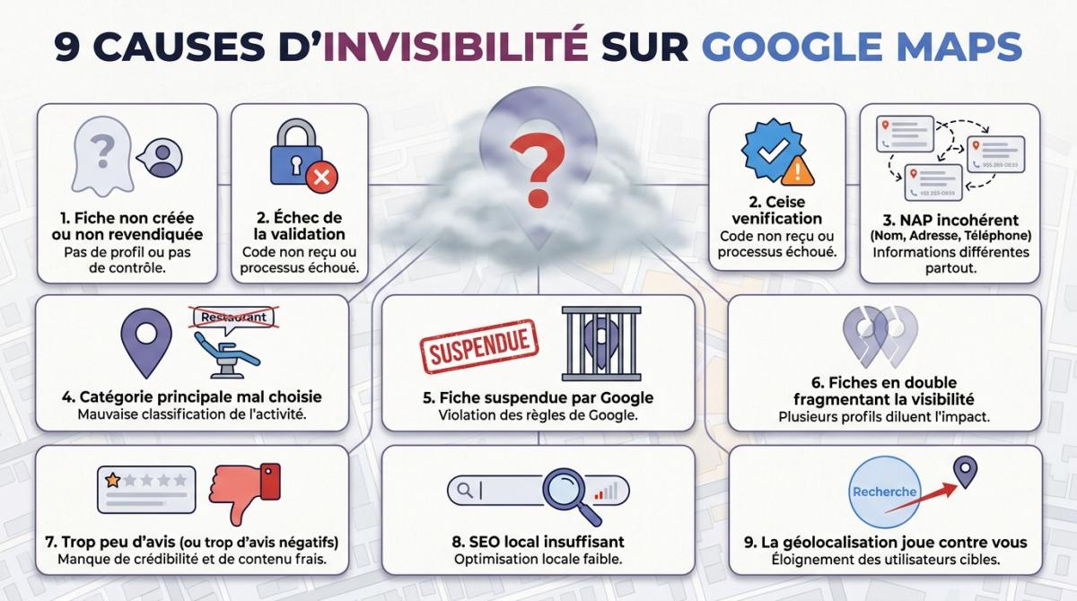 Infographie récapitulative des 9 causes d'invisibilité sur Google Maps